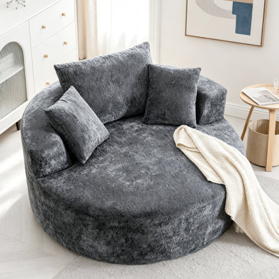 Fauteuil pivotant surdimensionné, fauteuil nuage en chenille de 140 cm avec assise ronde et profonde, fauteuil lounge pivotant à 360° avec 3 coussins pour salon, chambre et appartement