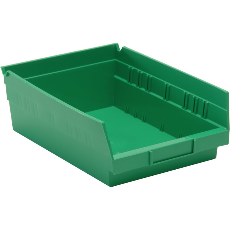 Economy shelf bin, nesting, includes (7) divider slots, rear hanglock, molded-in label holder, polypropylene, Made, Green, 8