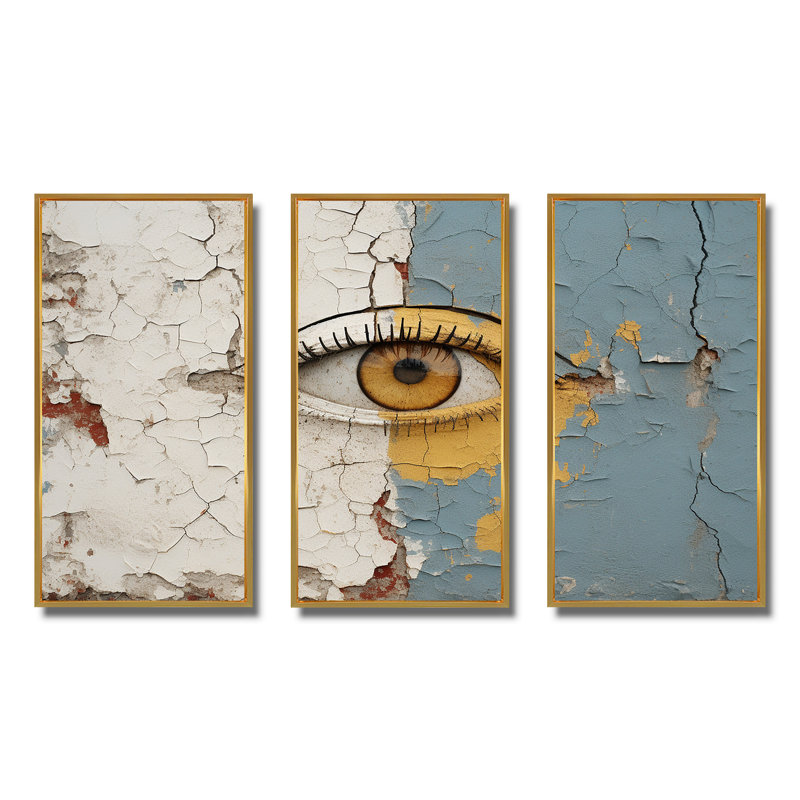 «Yellow and Grey Eye Expression», art mural œil, Cadre flottant doré, H 28 po x l 36 po x P 1 po