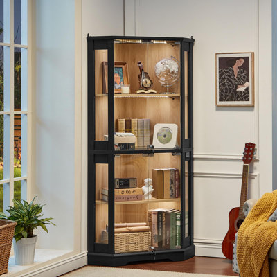 Farmhouse Corner Display Cabinet with Glass Doors, Corner Curio Cabinet with 3-Color LED Motion-Sensor Light (Black)