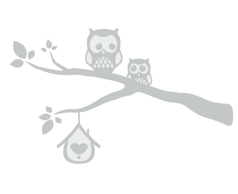 Décalcomanie murale owls sur une branche, H 39 po x l 65 po x P 0,01 po, Gris clair