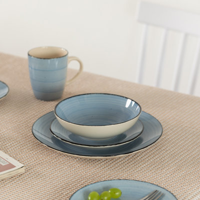 Service de vaisselle 16 pièces pour 4 personnes | Ensemble de grandes tasses, assiettes à salade et bols, plats de haute qualité résistants aux ébréchures et aux fissures, va au lave-vaisselle et au micro-ondes, bleu
