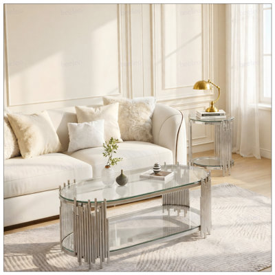 Ensemble de tables basses et tables d'appoint Modern Luxury, 2 tables gigognes ovales en verre avec tiges verticales en métal et finition chrome poli pour le bureau du salon