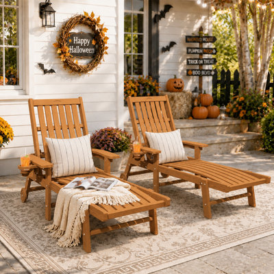 Teak Outdoor HDPE Adjustable Reclining Chaise Lounge Chair With Wheels & Cup Holder (Set of 2)