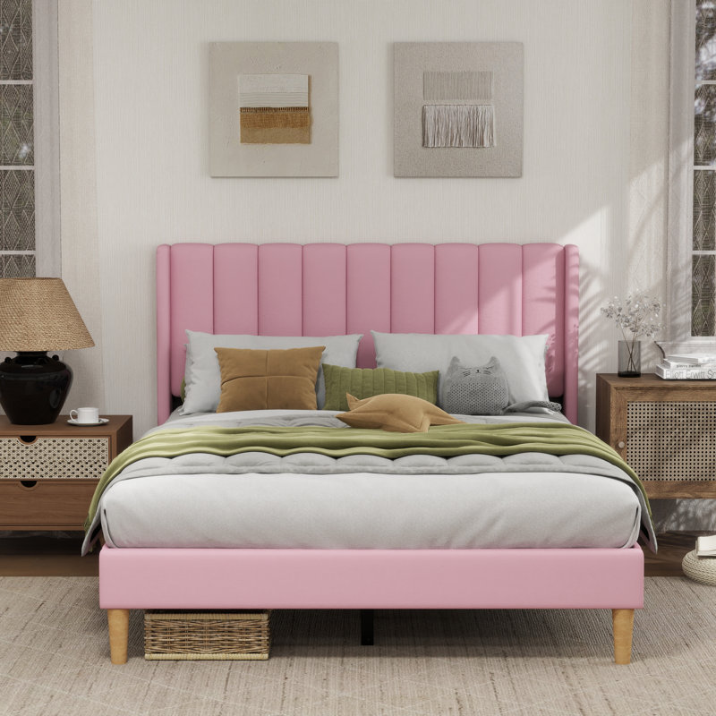 Lit plateforme tapissier à profil bas Sutter, Double, Rose