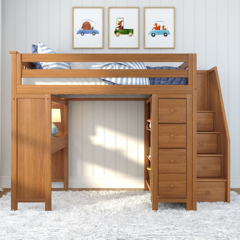 Lennon Full 8 Drawer Solid Wood Loft Bed With Bookcase, Pecan