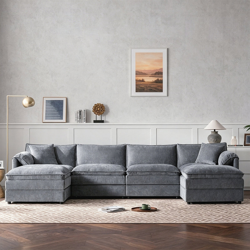 Canapé modulaire en forme de U de 136 pouces en chenille avec sièges profonds, coussins doubles et repose-pieds mobiles pour plus de confort