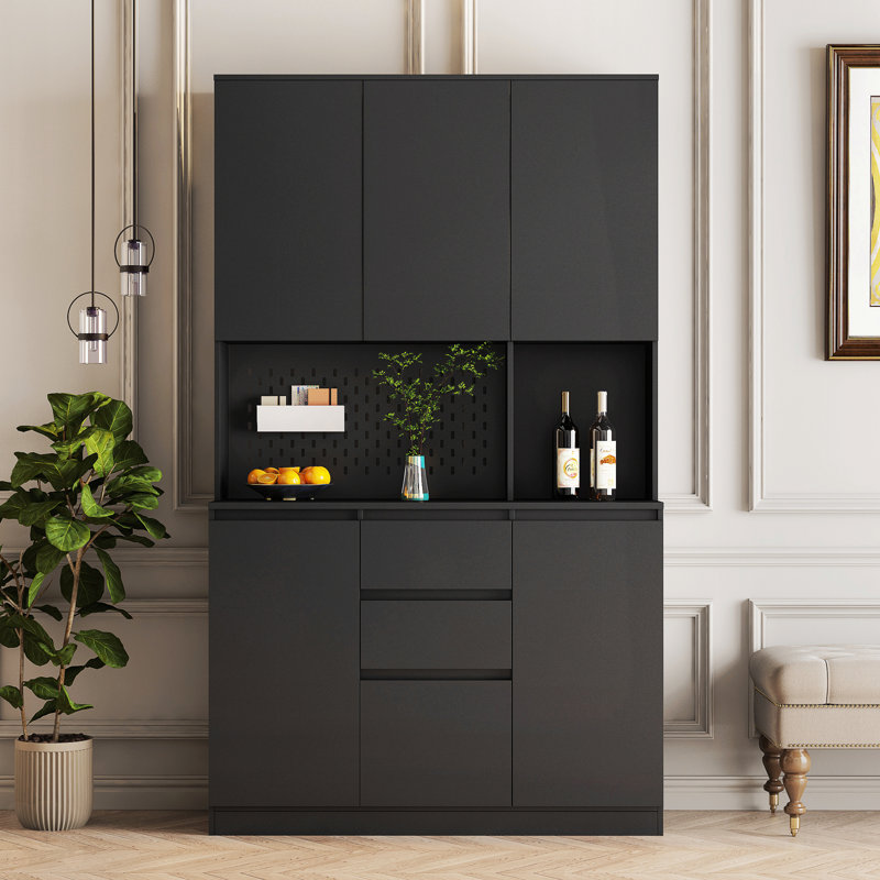 74" Kitchen Pantry Cabinet With Charging Station, Black