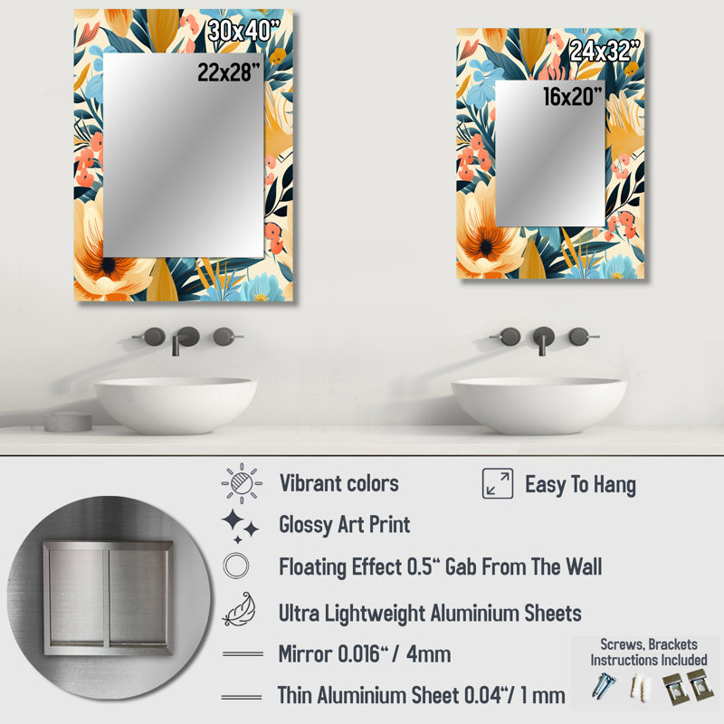 Aldborough clair couleur fleurs dans un motif tropical - miroir tropical, 40 po x 30 po