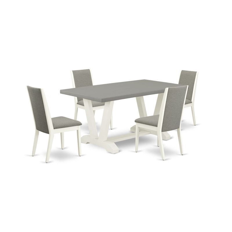Ensemble de table de salle à manger 5 pièces composé d'une table en bois de ciment et de 4 chaises de salle à manger en lin Shitake foncé avec dossier haut - Lin brossé blanc