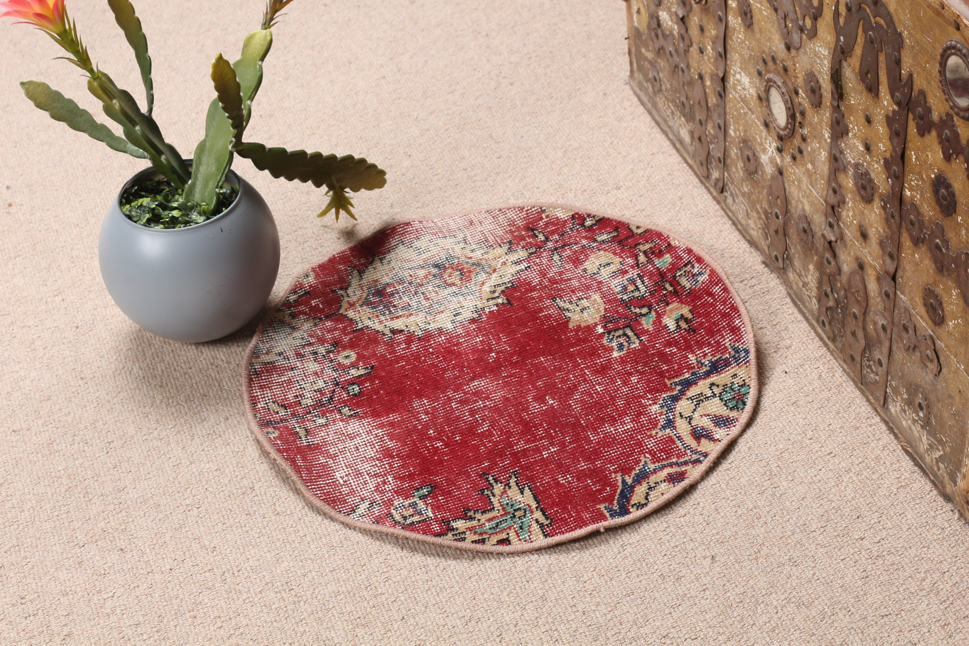 Bungalow Rose Small Red Round Rug With Faded Turkish Oushak Design ...
