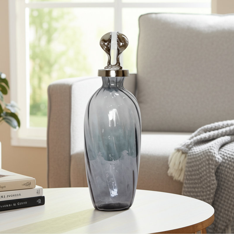 Decorative Glass Flower Vase with Aluminum Topper for Home Decor - Tall Table Vase with Acrylic Accent Base for Living Room Display - Gray & Silver
