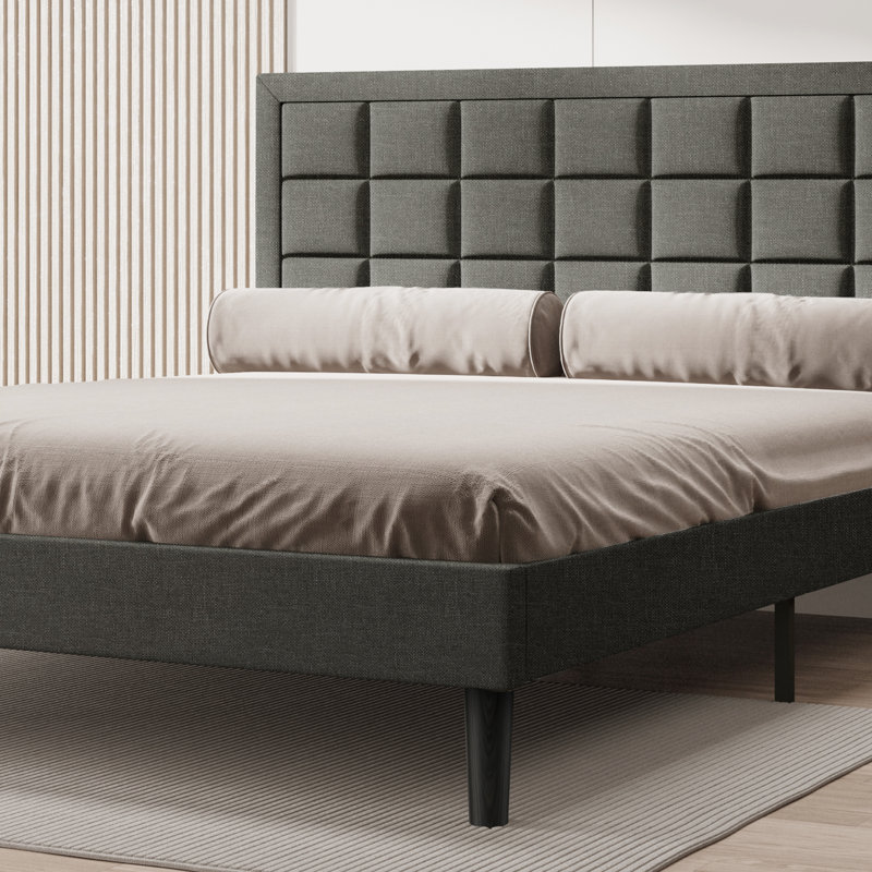 Zanari Upholstered Modern Low Profile Platform Queen Size Bed with Tufted Headboard, Queen