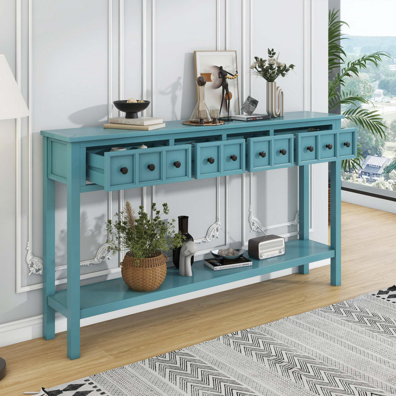 Wood Console Table with two Different Size Drawers, Bottom Shelf, Turquoise Green