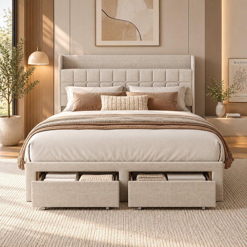 Structure de lit plateforme tapissier avec tiroirs de rangement et tête de lit en tissu, aucun sommier nécessaire, Beige