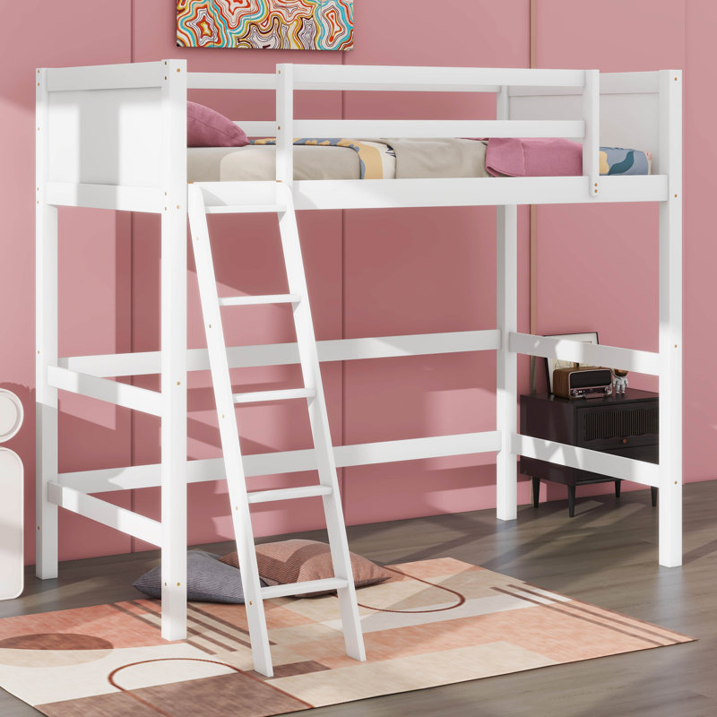 Lit mezzanine simple en bois massif avec échelle, Blanc