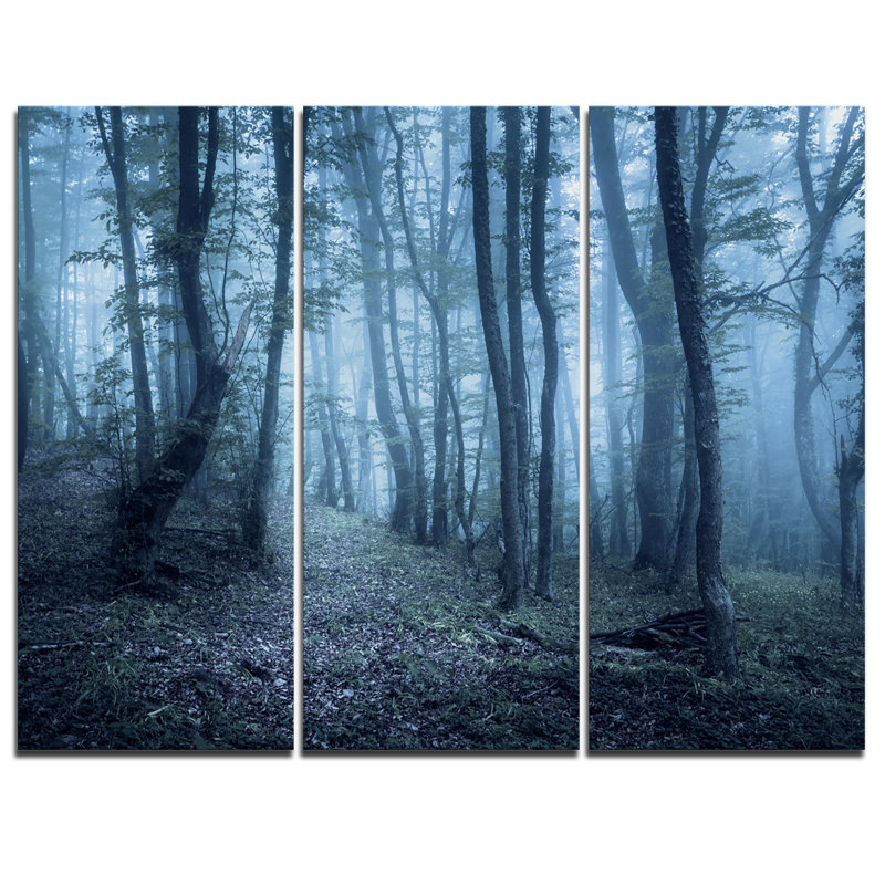 Spring Foggy Forest Trees 3-Piece Blue Canvas Print Set