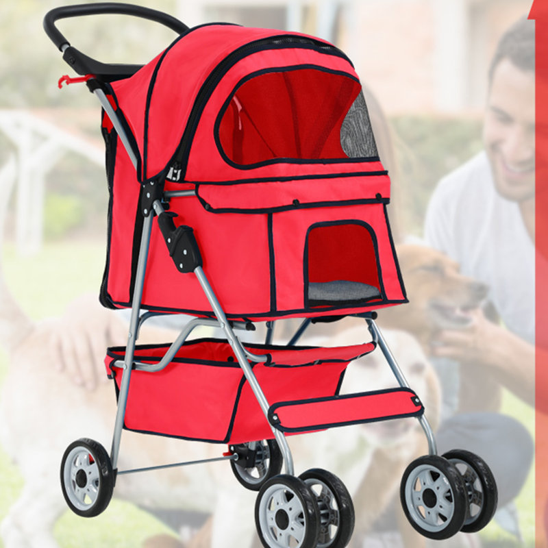 Red Folding Pet Stroller with Mesh Windows