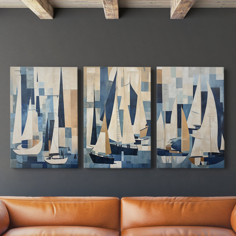 Série Sea and Shore Lxxxiv - Ensemble de 3 toiles tendues avec châssis - Prêt à être accroché, H 27 po x l 18 po