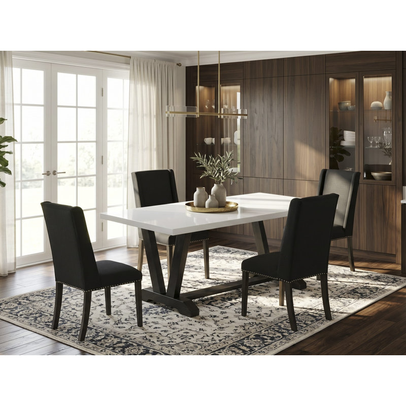 Ensemble de table de cuisine 5 pièces comprenant 4 chaises de salle à manger Parson avec siège à clous rembourrés et dossier de chaise élégant et table de salle à manger rectangulaire avec plateau Jacobean patiné