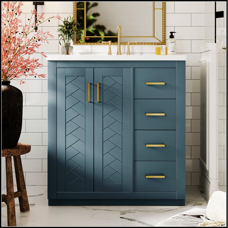 Meuble-lavabo de style rétro de 30 pouces avec lavabo en céramique, structure en bois massif, rangement spacieux et portes à fermeture en douceur pour des salles de bain élégantes et fonctionnelles