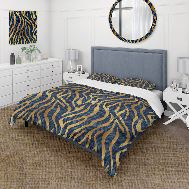 Ensemble de housse de couette lion bleu doré et délicat motif Afrique II, Housse de couette très grand + 2 taies décorativ