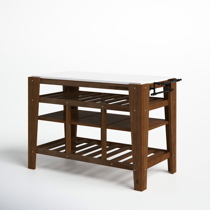 Rectangular Marble Top Kitchen Island with Shelves and Towel Rack