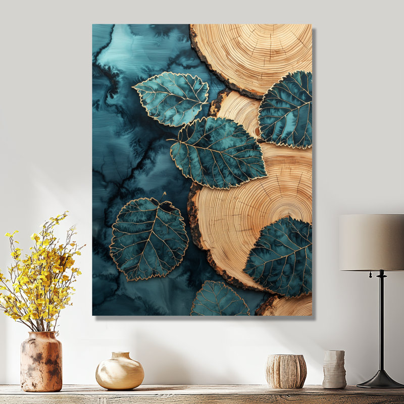 Agate, rivière des feuilles, glissade sur bois III - décoration murale florale, H 40 po x l 30 po, Toile tendue