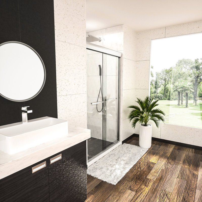 76"x48" Semi- Bypass Shower Door, , Reversible Door 48"x76", Tempered Glass, Windproof, Silver