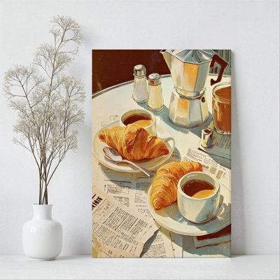 Impression sur toile encadrée 1Pc, petit-déjeuner français, café et croissant, style de peinture impressionniste, parfait pour la décoration de chambre salon chambre bureau cuisine salle de bain décor à la maison, cadeau de décoration murale idéal, plat