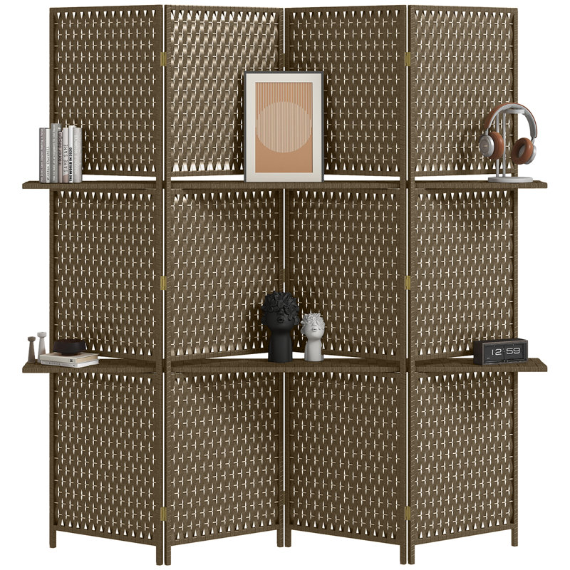 Weweantic 4 Panel Folding Room Divider, Privacy Screen with Shelves, Brown