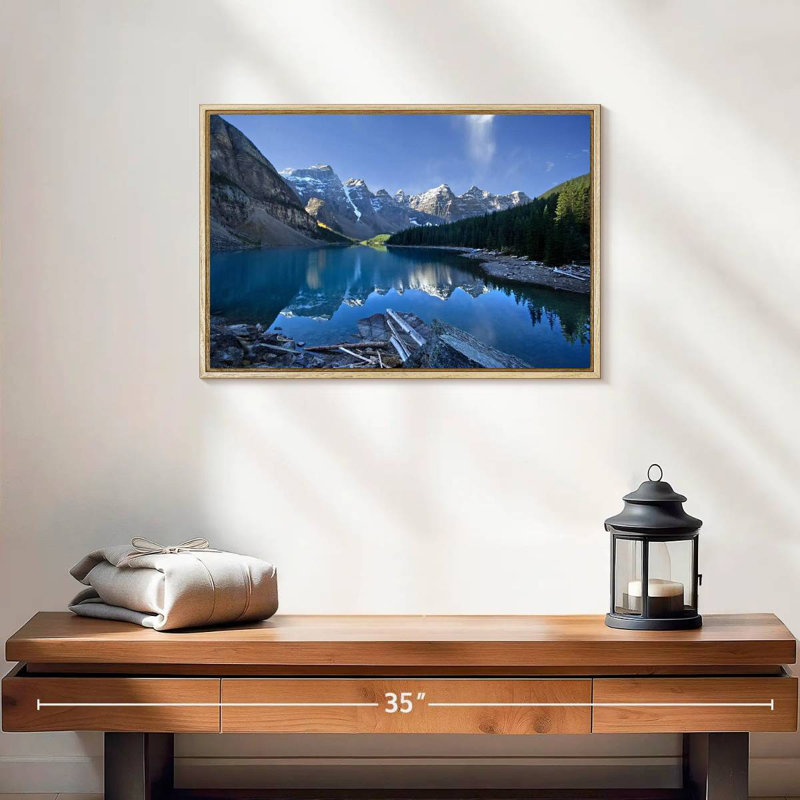 Lac pittoresque de la Moraine, 19 po x 13 po, Cadre flottant en bois naturel