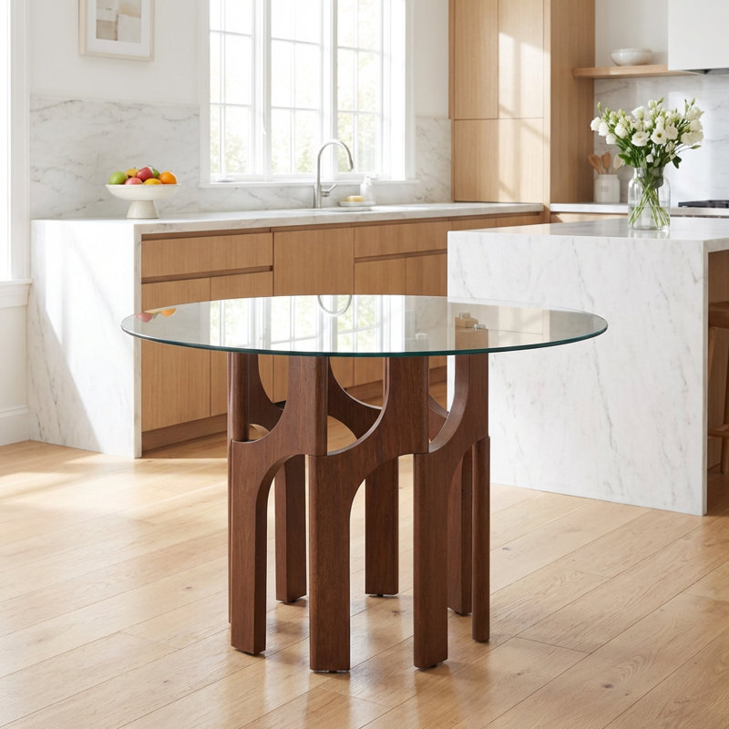 Table de salle à manger compacte en verre avec base sculpturale en bois aggloméré - 2 à 4 personnes