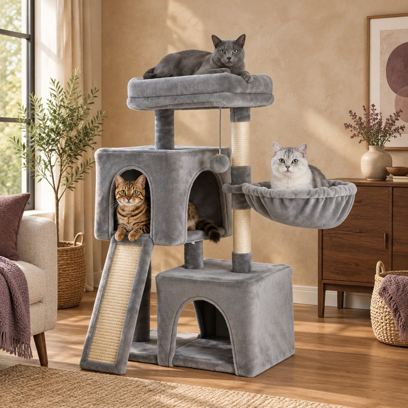 Ce modèle amélioré d'arbre à chat gris de 35,8 pouces pour chats d'intérieur combine un lit double, un hamac, un griffoir, un perchoir et une balle jouet.