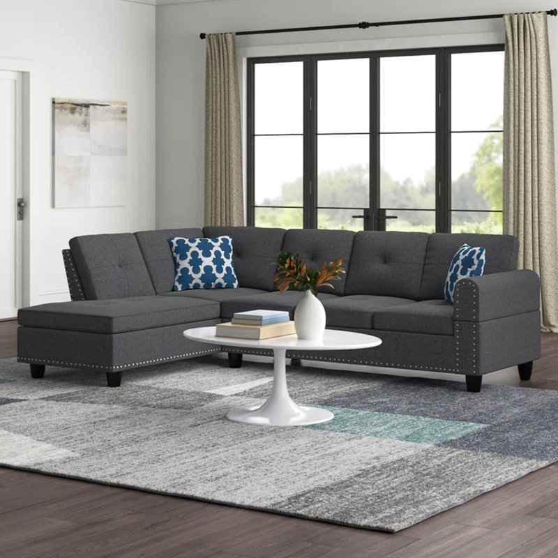 Gris anthracite - Console pour porte-gobelet en forme de L gris foncé pour quatre personnes, idéale pour les soirées cinéma / jeux, comprend deux coussins décoratifs et avec rangement, structure en bois d'ingénierie, similicuir aux tons neutres,