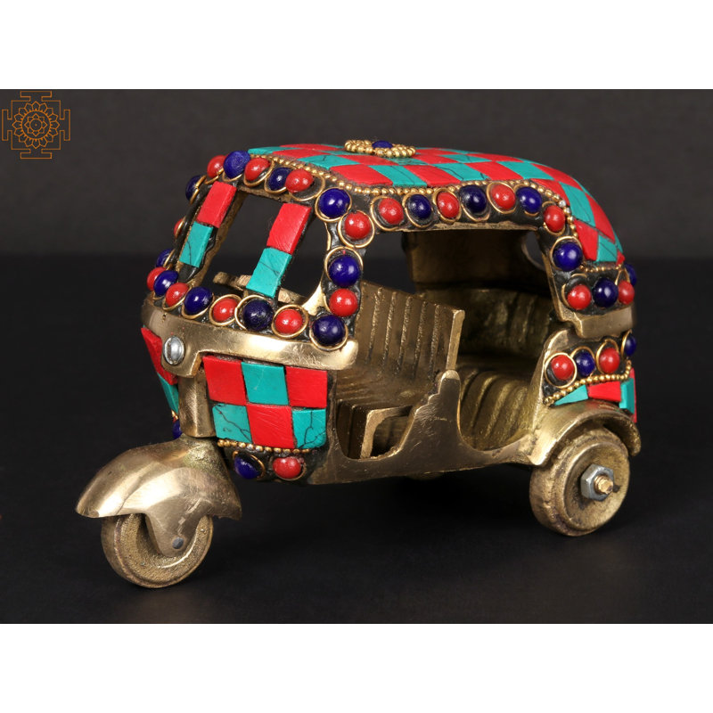 5'' Brass Auto Rickshaw With Inlay Work - Table Decor Item
