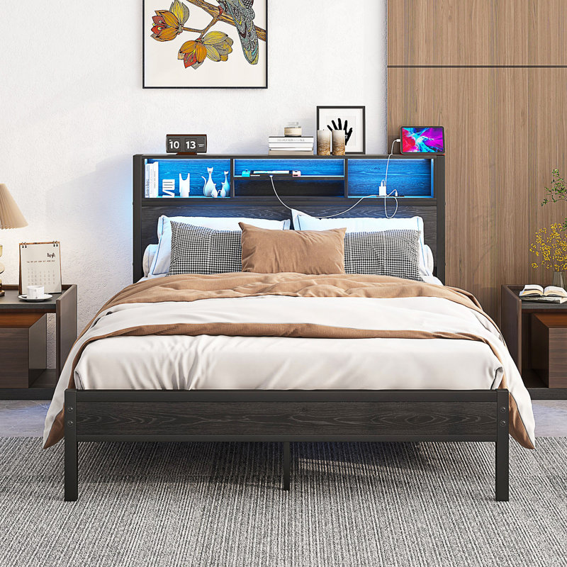 Full Size Bed Frame With Storage Headboard, Metal Platform Bed With Charging Station,  Bookcase Storage, No Box Spring Needed, Easy Assembly, Noise-Free