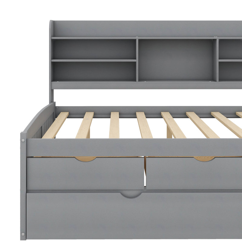 Lit double spacieux en bois avec tablettes et trois tiroirs de rangement