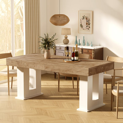 63 Inch Farmhouse Dining Table For4- 6, Natural Wood Grain Top & White Legs, Sturdy P2 Mdf Kitchen Table, Easy Clean & Easy Assembly For Dining Room & Kitchen