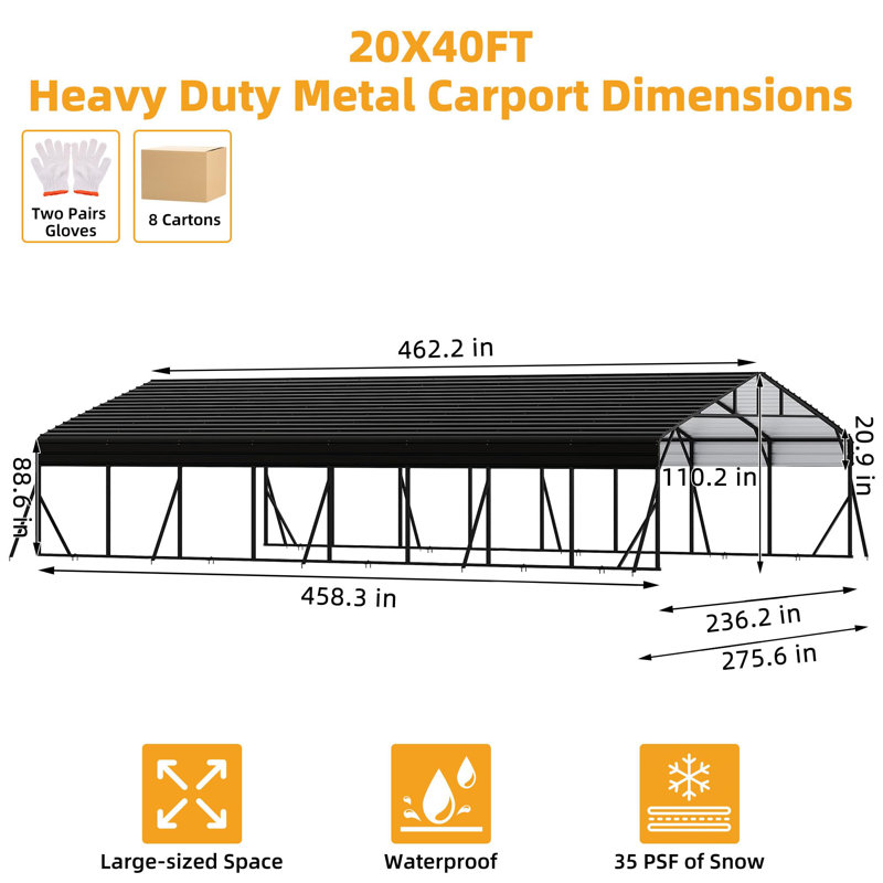 20x40 FT Metal Carport with Galvanized Steel Roof, Heavy-Duty All-Weather Garage Shelter, 110.2" H x 236.2" W x 462.2" D