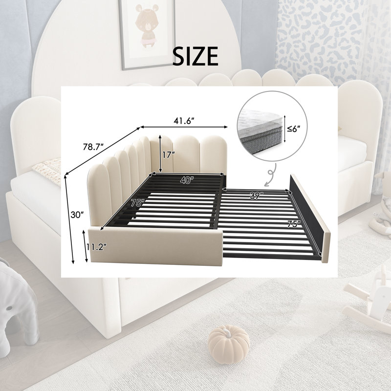 Lit de jour en forme de L 79 po de largeur avec lit gigogne escamotable et structure en lattes de métal - velours, Beige