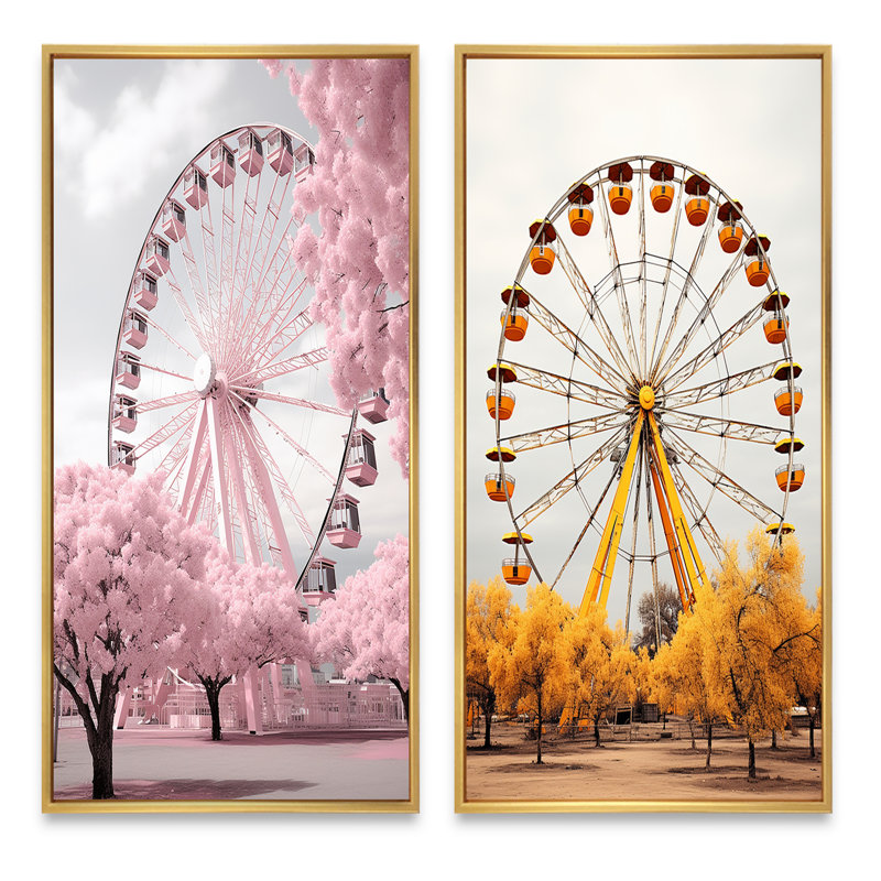 «Pink Ferris Wheel Magical Spin» 2 - Pièces sur, Encadrement doré, H 40 po x l 40 po