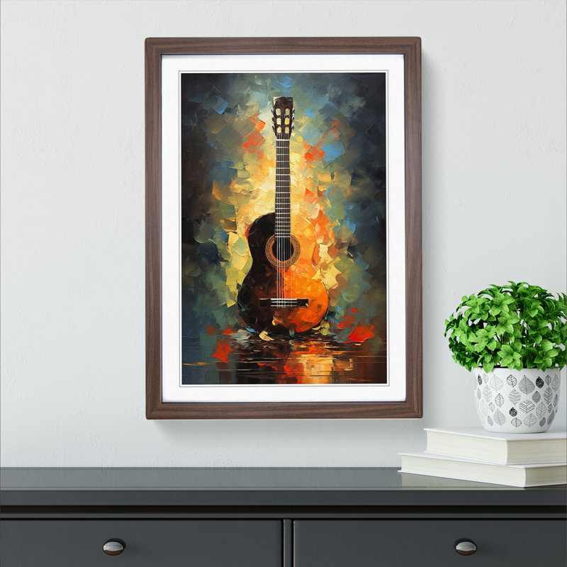 Acoustic Guitar Impressionism - Single Picture Frame Print on Wood, Walnut, 46cm H x 34cm W x 2cm D