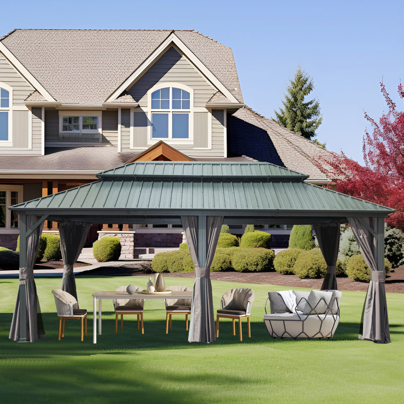 Galvanized Steel Patio Gazebo with Overhang Slope-design Double Roof, 20 ft x 12 ft, Gray