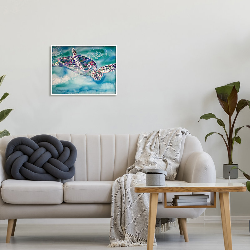Tortue de mer nageant dans l'eau, aquarelle, reptile par MB Cunningham - Peinture, H 16 po x l 20 po x P 1,5 po