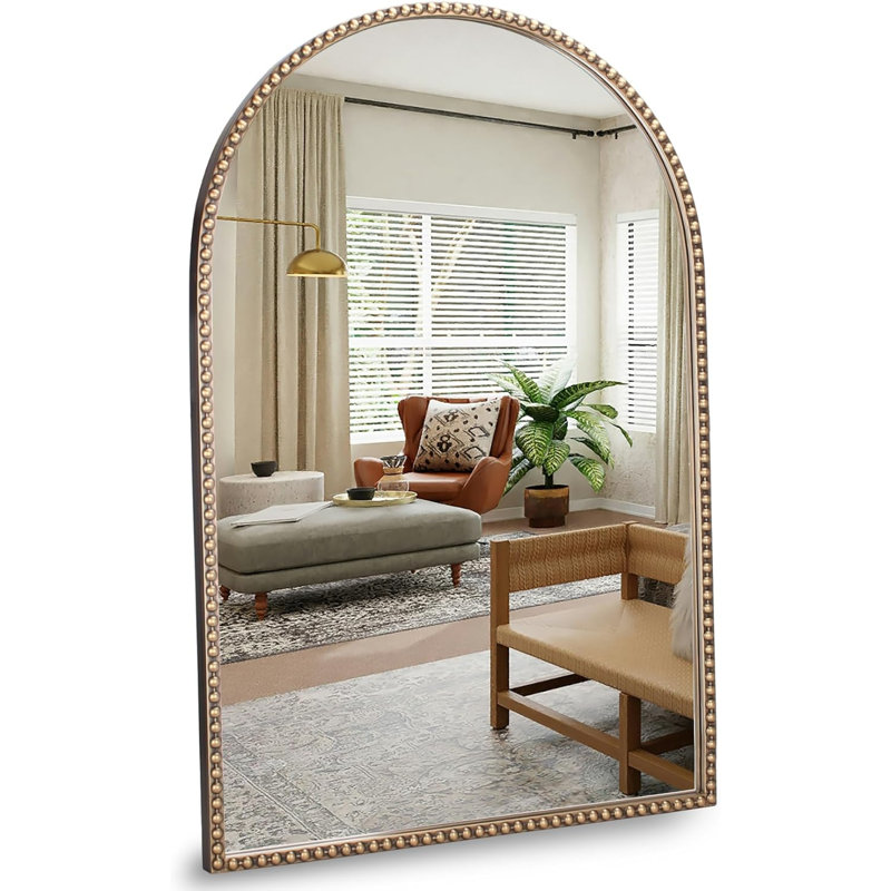 Arched Wall Mirror 24" X 36",Antique Gold Metal Beaded Frame, 36" x 24"
