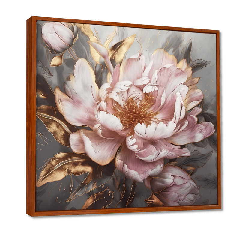Pink Gold Peonies Petals, 30" H x 30" W, Floater Framed, Maple