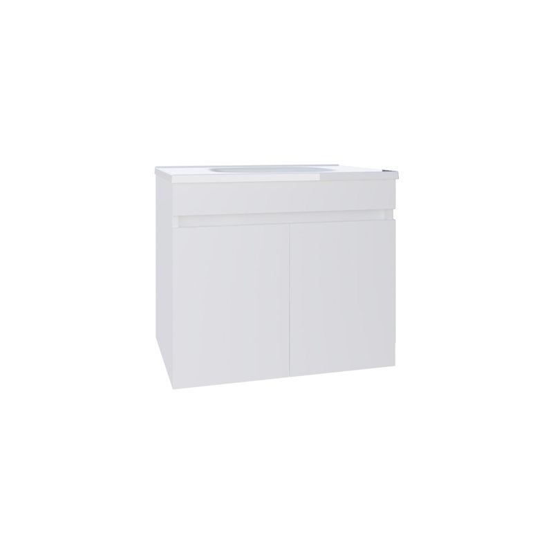 Meuble-lavabo flottant à deux portes Chaux, avec lavabo en résine et deux tablettes, rangement pour salle de bain, blanc