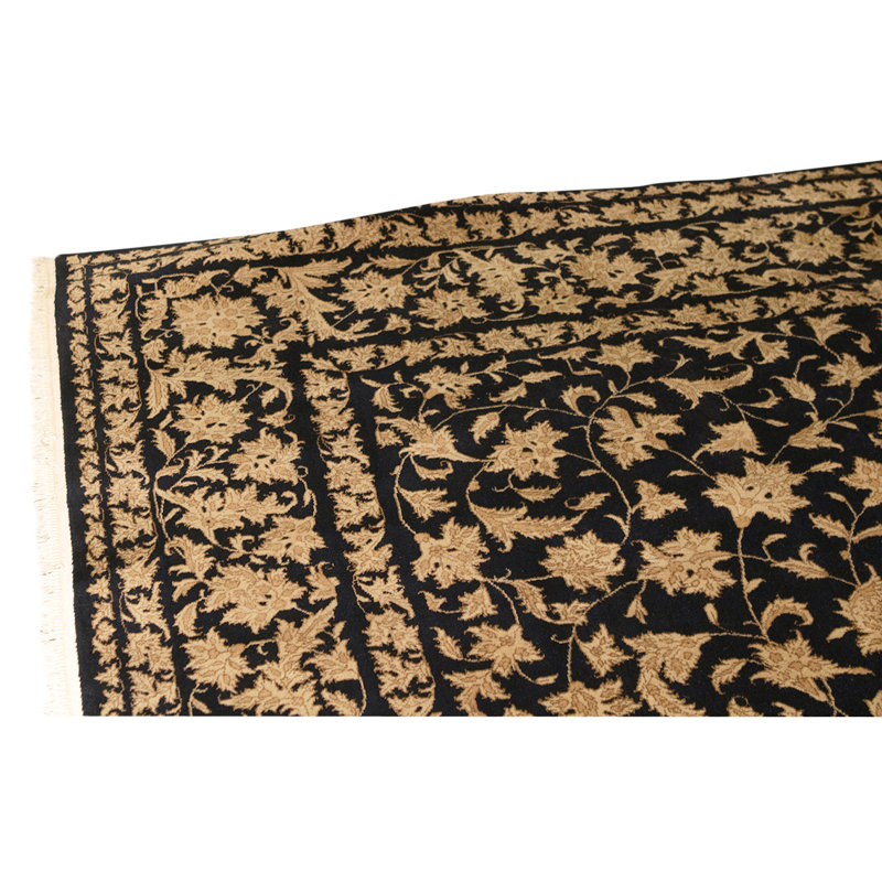Tapis noir / brun en laine noué à la main de conception unique de conception unique de 8 pi 9 po x 11 pi 9 po