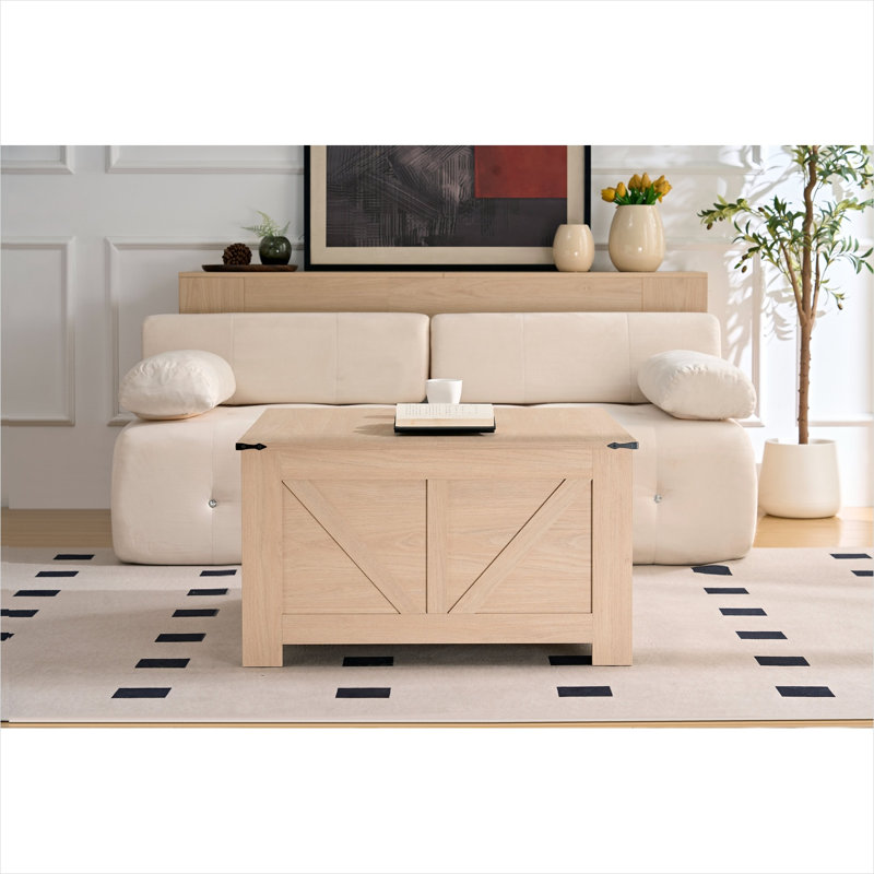 Table basse carrée de style campagnard avec rangement, bois manufacturé beige chaud, tablettes à double couche pour le salon